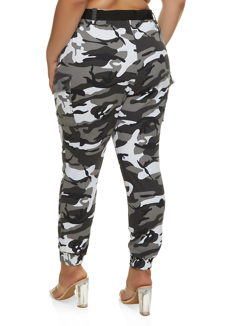 Plus Almost Famous Belted Camouflage Cargo Joggers