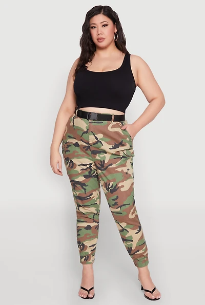 Womens Plus Almost Famous Belted Camouflage Cargo Joggers, Green,