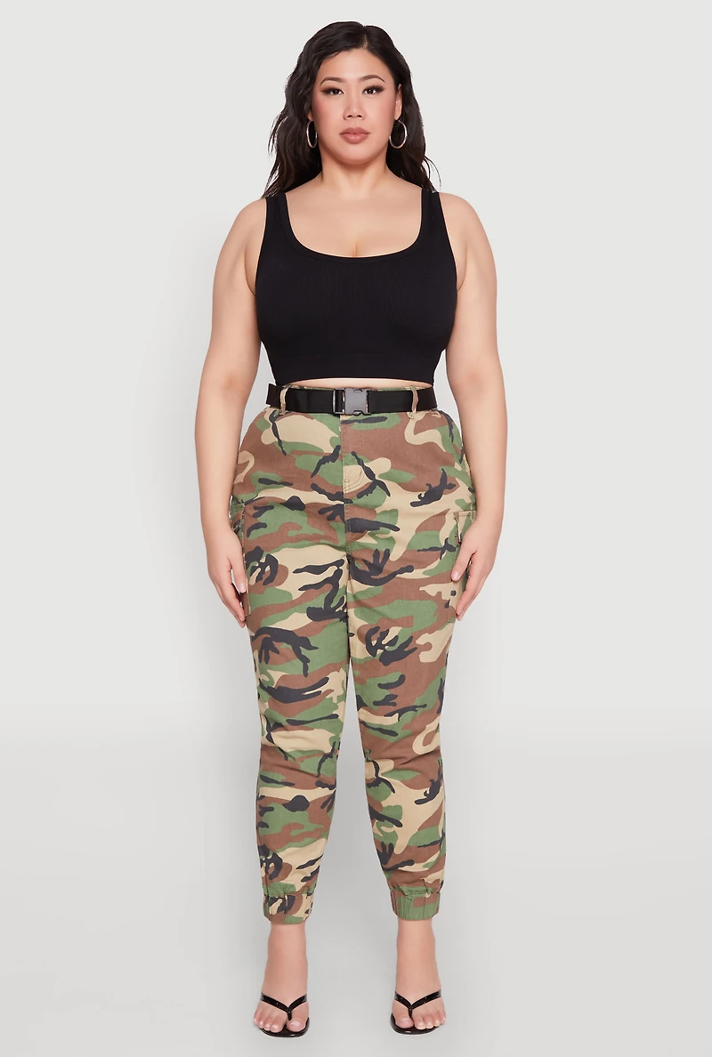 Womens Plus Almost Famous Belted Camouflage Cargo Joggers, Green,