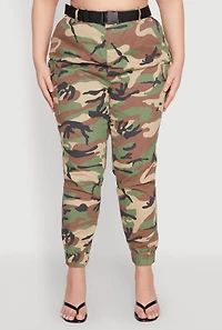 Womens Plus Size Almost Famous Belted Camouflage Cargo Joggers, Green, Size 1X