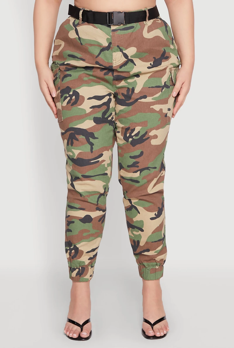 Womens Plus Size Almost Famous Belted Camouflage Cargo Joggers, Green, Size 2X