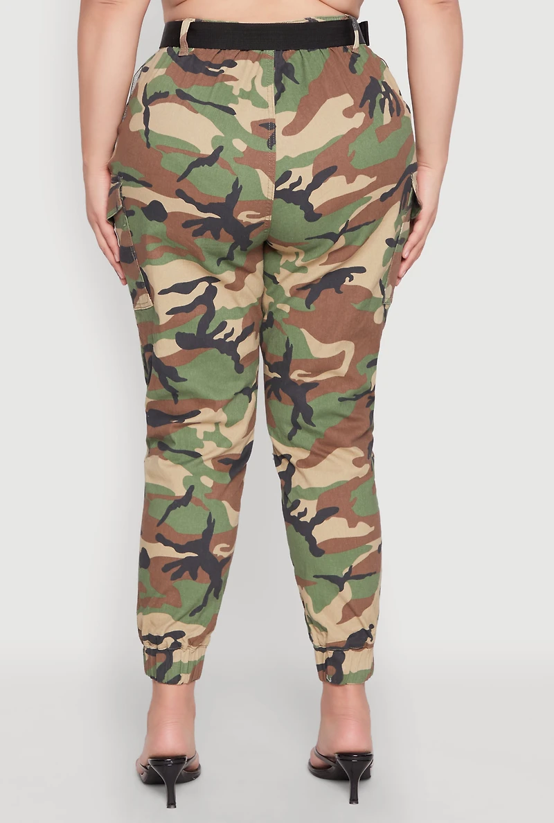 Plus Almost Famous Belted Camouflage Cargo Joggers