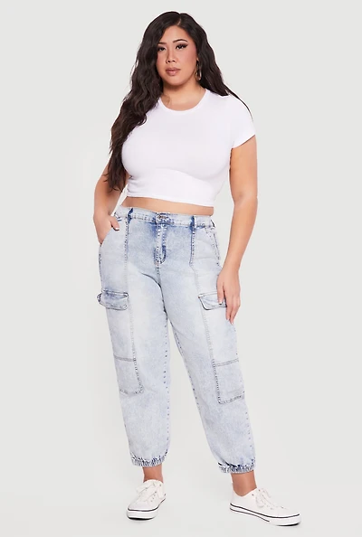 Plus High Waisted Cargo Pocket Denim Joggers