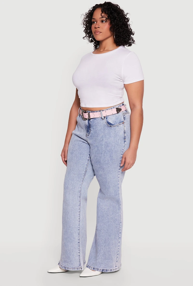 Plus Western Belted High Waisted Flare Leg Jeans