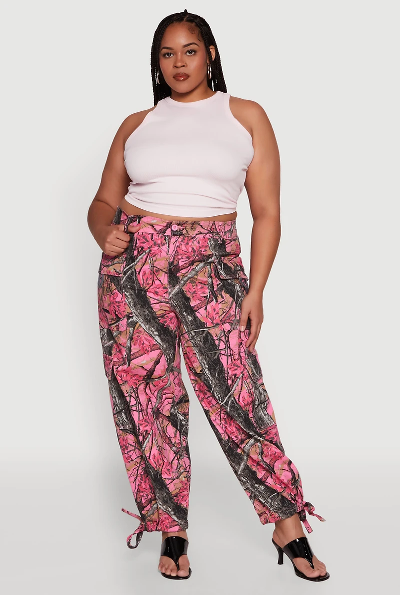 Womens Plus Size Almost Famous High Waisted Tapered Cargo Joggers, Pink, Size 2X