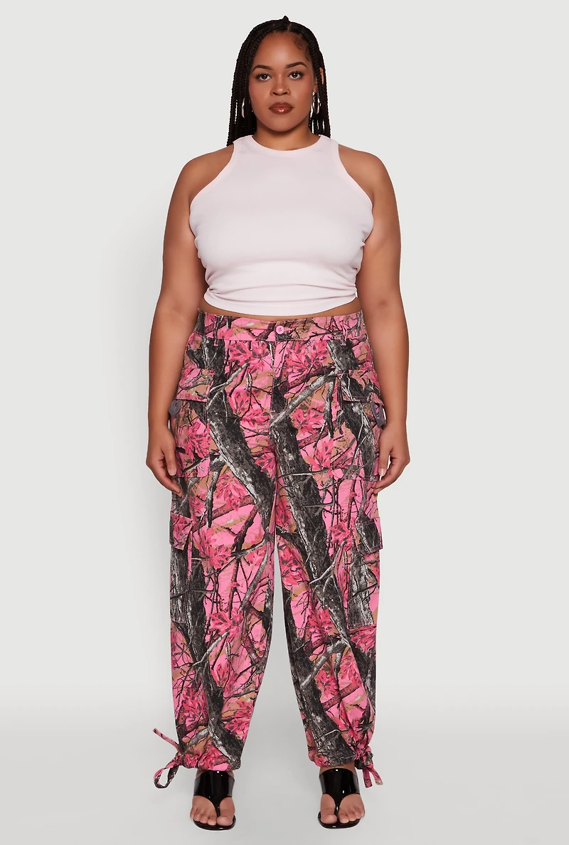 Womens Plus Size Almost Famous High Waisted Tapered Cargo Joggers, Pink, Size 2X