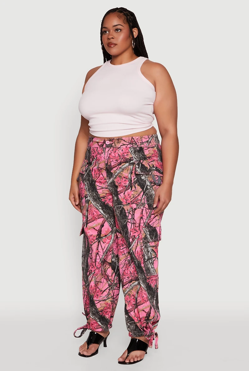 Womens Plus Size Almost Famous High Waisted Tapered Cargo Joggers, Pink, Size 2X