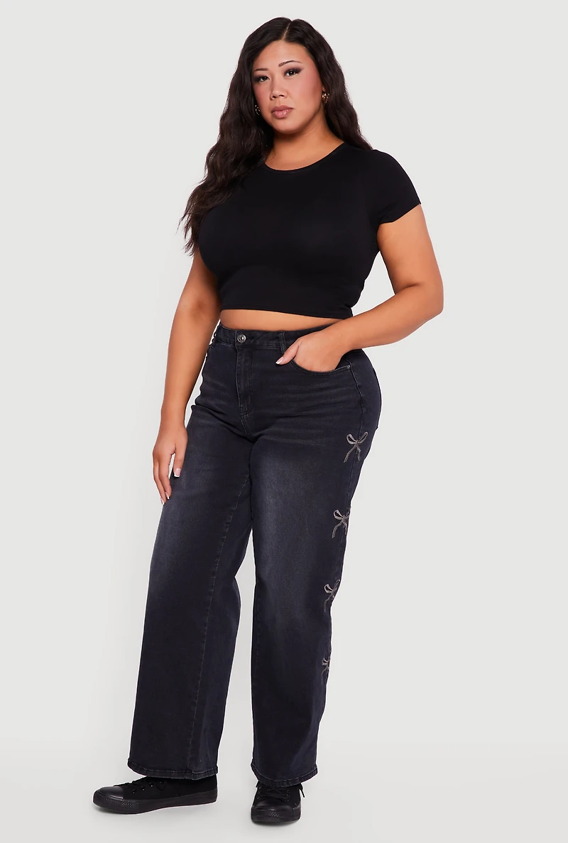 Plus High Waisted Embroidered Side Bow Graphic Jeans