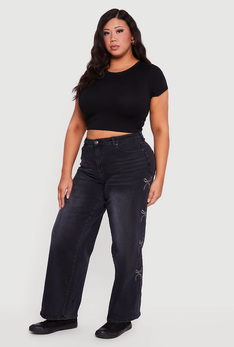 Plus High Waisted Embroidered Side Bow Graphic Jeans