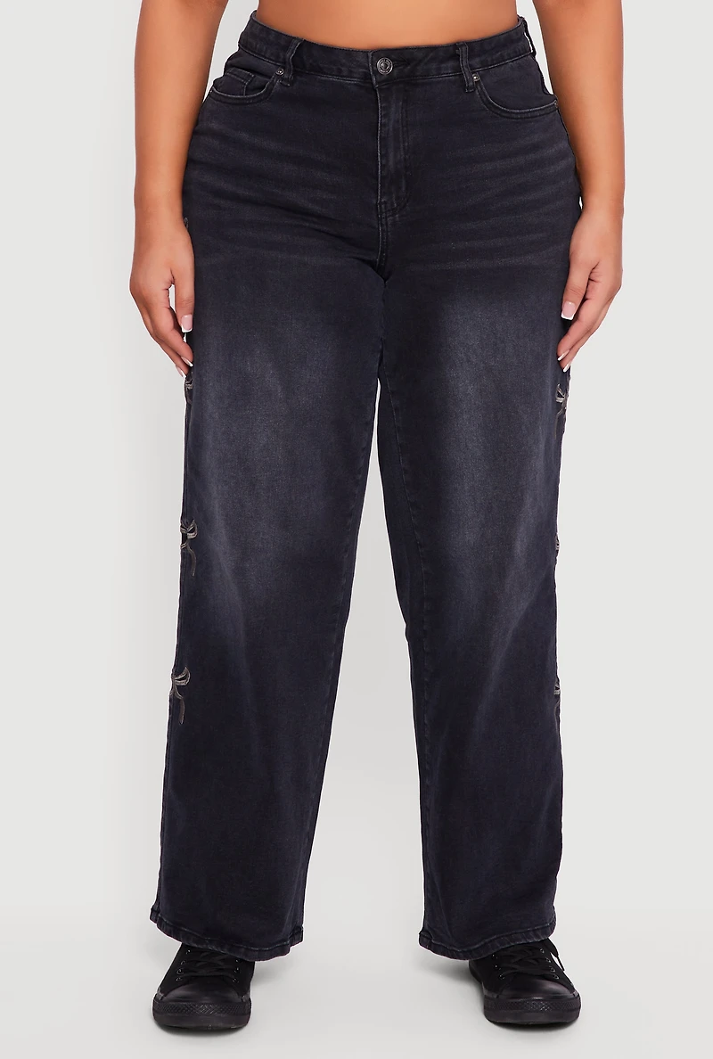 Plus High Waisted Embroidered Side Bow Graphic Jeans