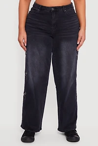 Plus High Waisted Embroidered Side Bow Graphic Jeans