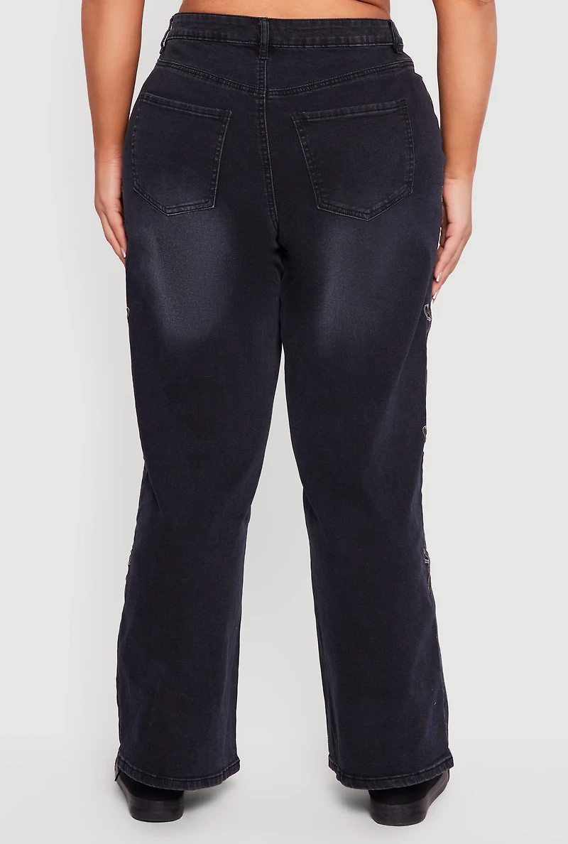 Plus High Waisted Embroidered Side Bow Graphic Jeans