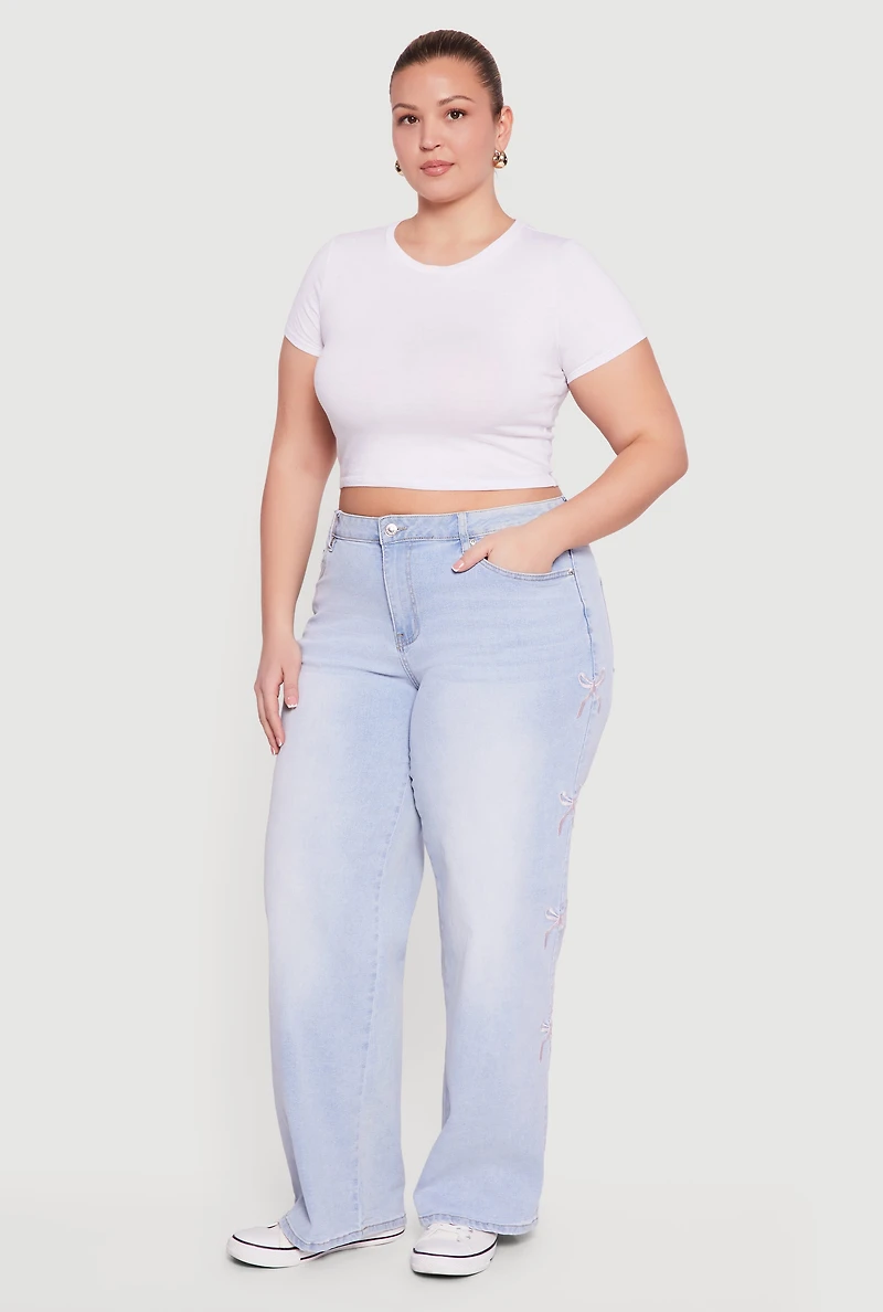 Plus High Waisted Embroidered Side Bow Graphic Jeans