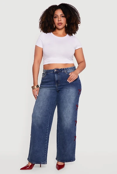 Plus High Waisted Embroidered Side Bow Graphic Jeans