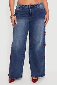 Plus High Waisted Embroidered Side Bow Graphic Jeans