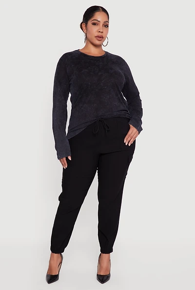 Womens Plus High Waisted Drawstring Waist Cargo Joggers, Black,