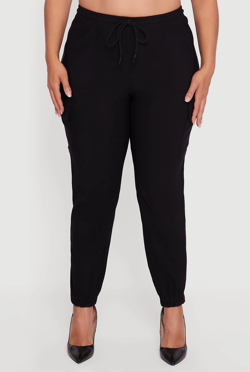 Womens Plus Size High Waisted Drawstring Waist Cargo Joggers, Black, Size 1X