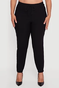 Womens Plus Size High Waisted Drawstring Waist Cargo Joggers, Black, Size 1X