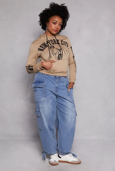 Womens Plus Size Almost Famous Tie Hem Cargo Jeans, Blue, Size 2X