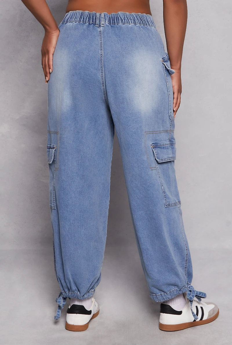 Womens Plus Size Almost Famous Tie Hem Cargo Jeans, Blue, Size 2X
