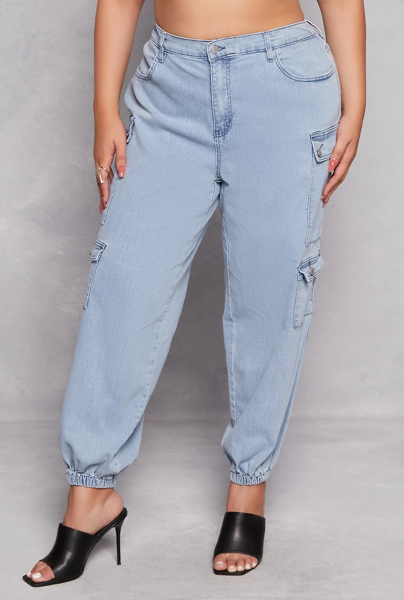 Womens Plus Size Almost Famous Denim Cargo Joggers, Blue, Size 3X