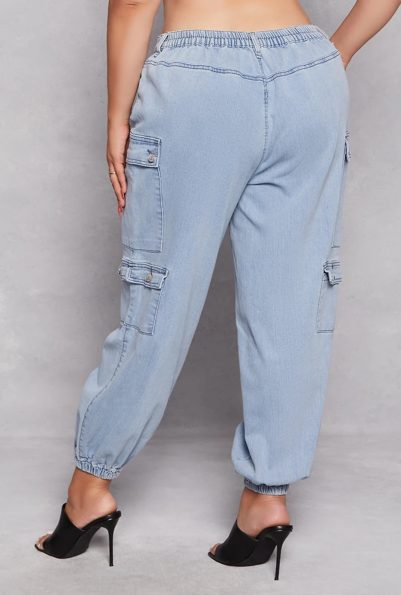 Womens Plus Size Almost Famous Denim Cargo Joggers, Blue, Size 3X