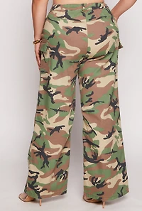 Womens Plus Almost Famous Camo Wide Leg Cargo Pants, Green,