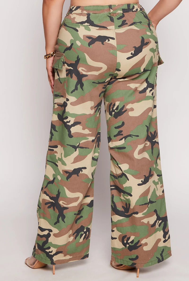 Womens Plus Size Almost Famous Camo Wide Leg Cargo Pants, Green, Size 3X
