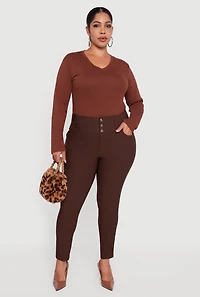 Womens Plus Size Almost Famous Three Button High Waisted Pants, Brown, Size 3X