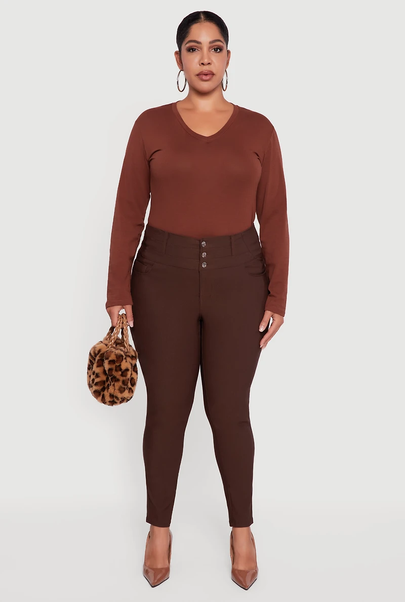 Womens Plus Size Almost Famous Three Button High Waisted Pants, Brown, Size 3X