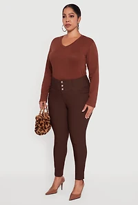 Womens Plus Size Almost Famous Three Button High Waisted Pants, Brown, Size 3X
