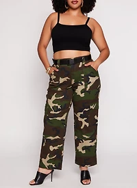 Plus Camo Belted Wide Leg Cargo Pants