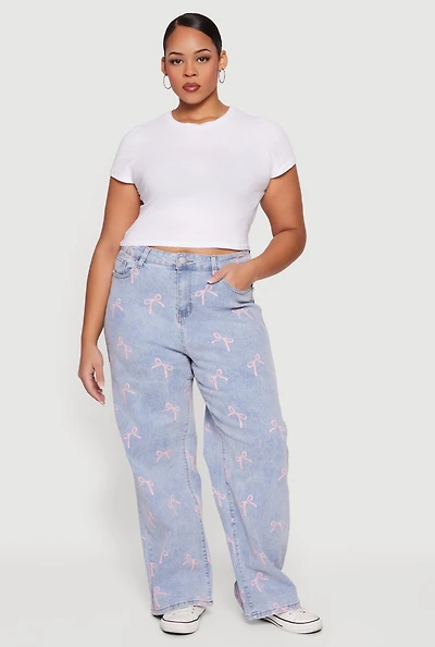 Plus High Waisted Bow Print Jeans