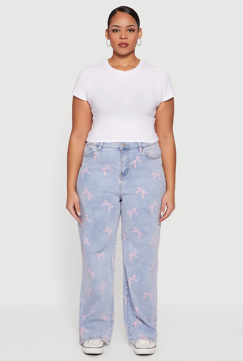 Plus High Waisted Bow Print Jeans