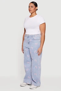 Plus High Waisted Bow Print Jeans