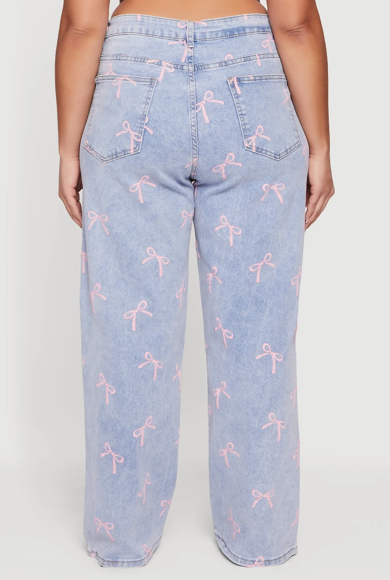Plus High Waisted Bow Print Jeans