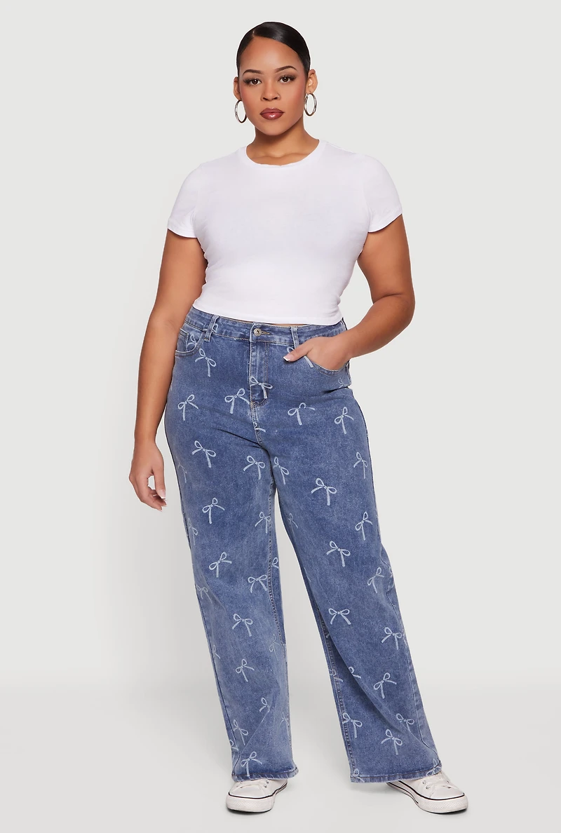 Plus High Waisted Bow Print Jeans