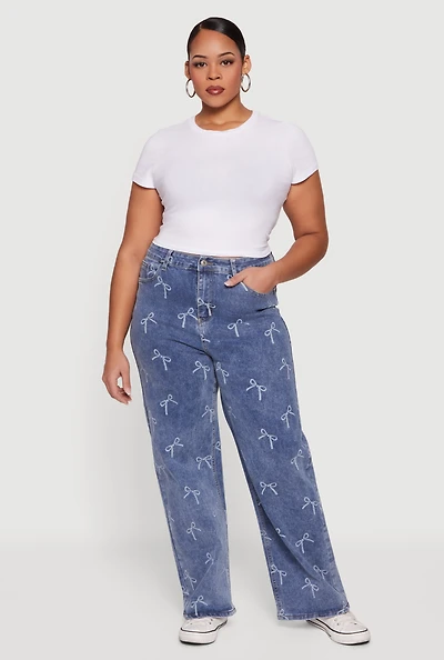 Plus High Waisted Bow Print Jeans