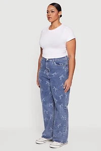 Womens Plus High Waisted Bow Print Jeans, Blue,
