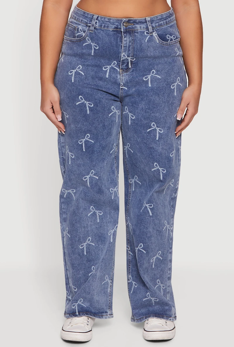 Womens Plus High Waisted Bow Print Jeans, Blue,