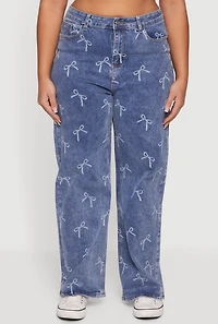Womens Plus High Waisted Bow Print Jeans, Blue,