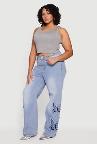Plus High Waisted Embroidered Butterfly Jeans