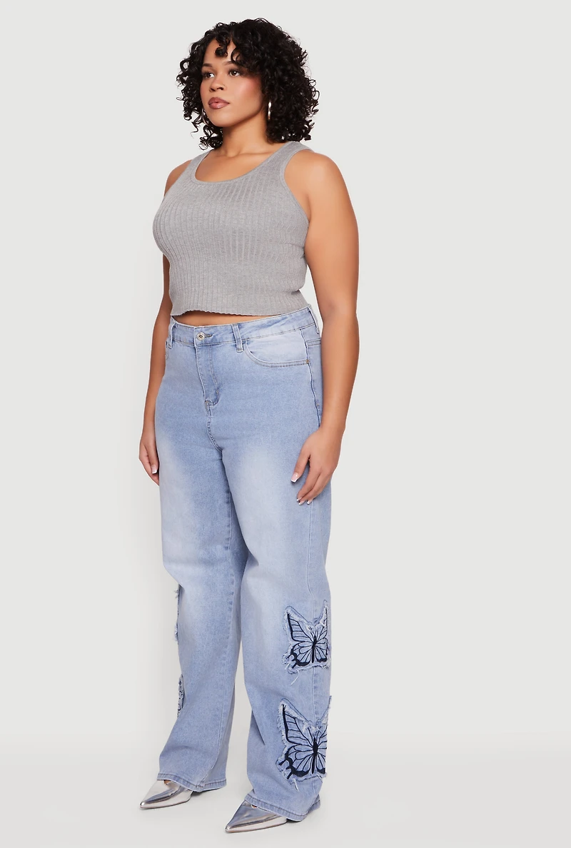 Plus High Waisted Embroidered Butterfly Jeans