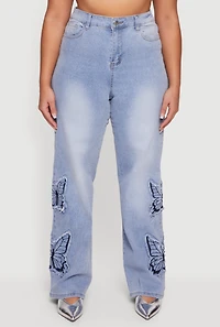Plus High Waisted Embroidered Butterfly Jeans