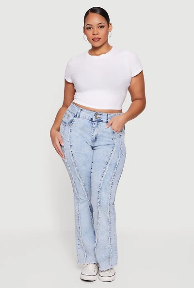 Plus Frayed Trim Acid Wash Flare Jeans