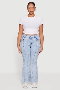 Womens Plus Frayed Trim Acid Wash Flare Jeans, Blue,