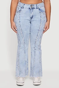 Plus Frayed Trim Acid Wash Flare Jeans