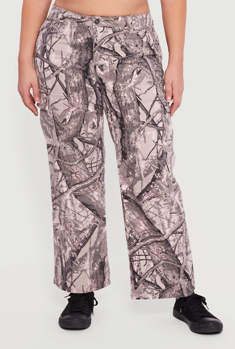 Plus Tree Camo Wide Leg Cargo Pants
