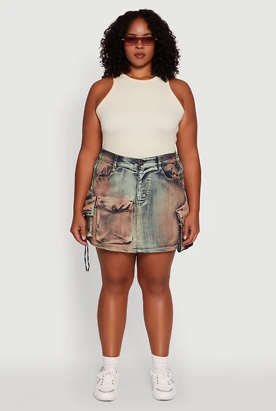 Womens Plus Size Acid Wash High Waisted Mini Denim Skirt, Multi, Size 2X