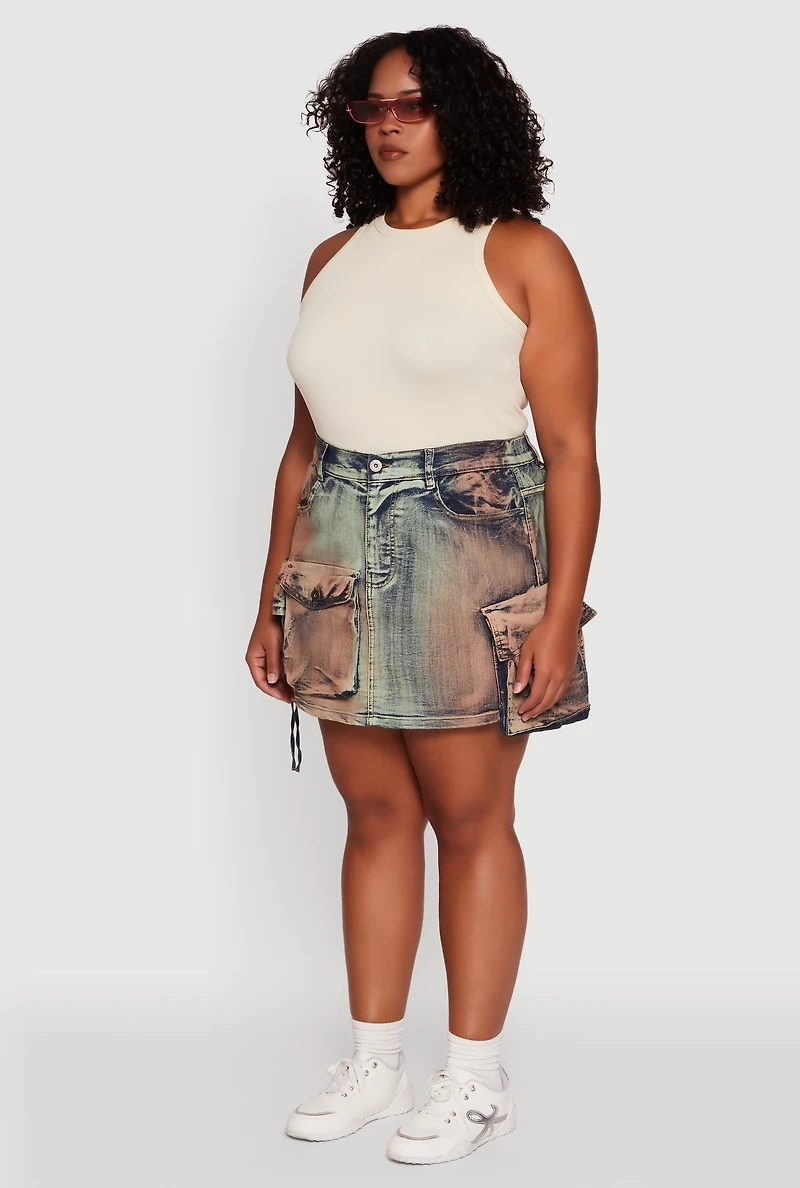 Womens Plus Acid Wash High Waisted Mini Denim Skirt, Multi,